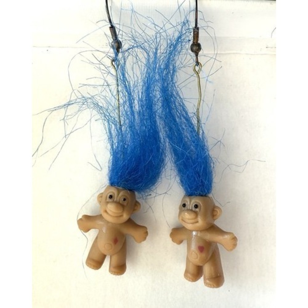 Vintage 90s Troll Earrings / Christmas Ornaments Blue Hair Belly Tattoos 3"